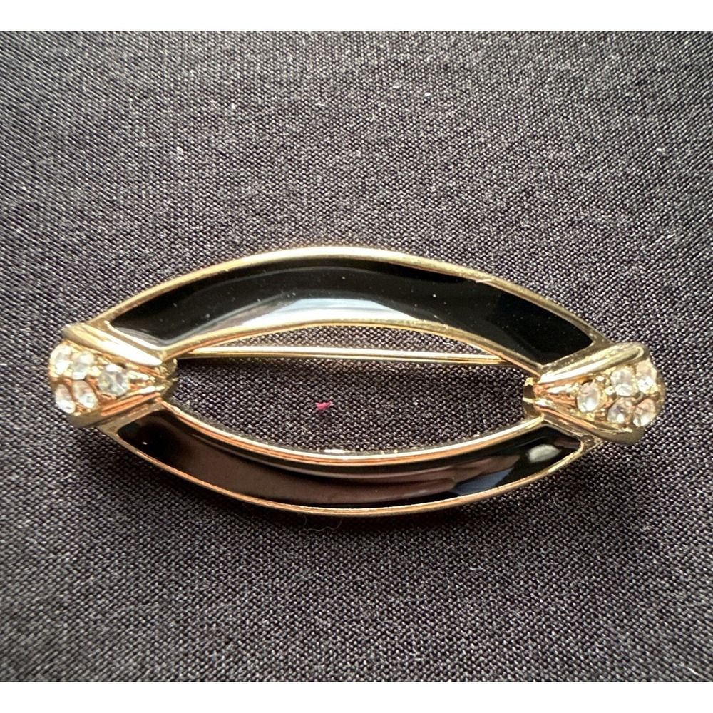 Vintage Trifari Signed Gold Tone Black Enamel Oval Brooch Pin w/ Rhinestones